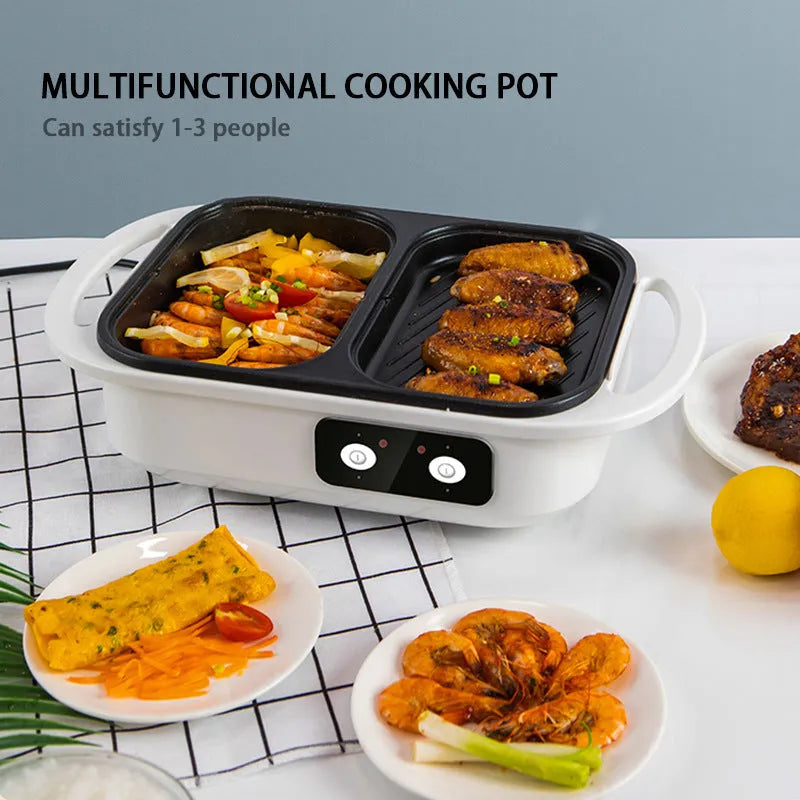 Green and white electric hot pot appliance with frying function on kitchen counter