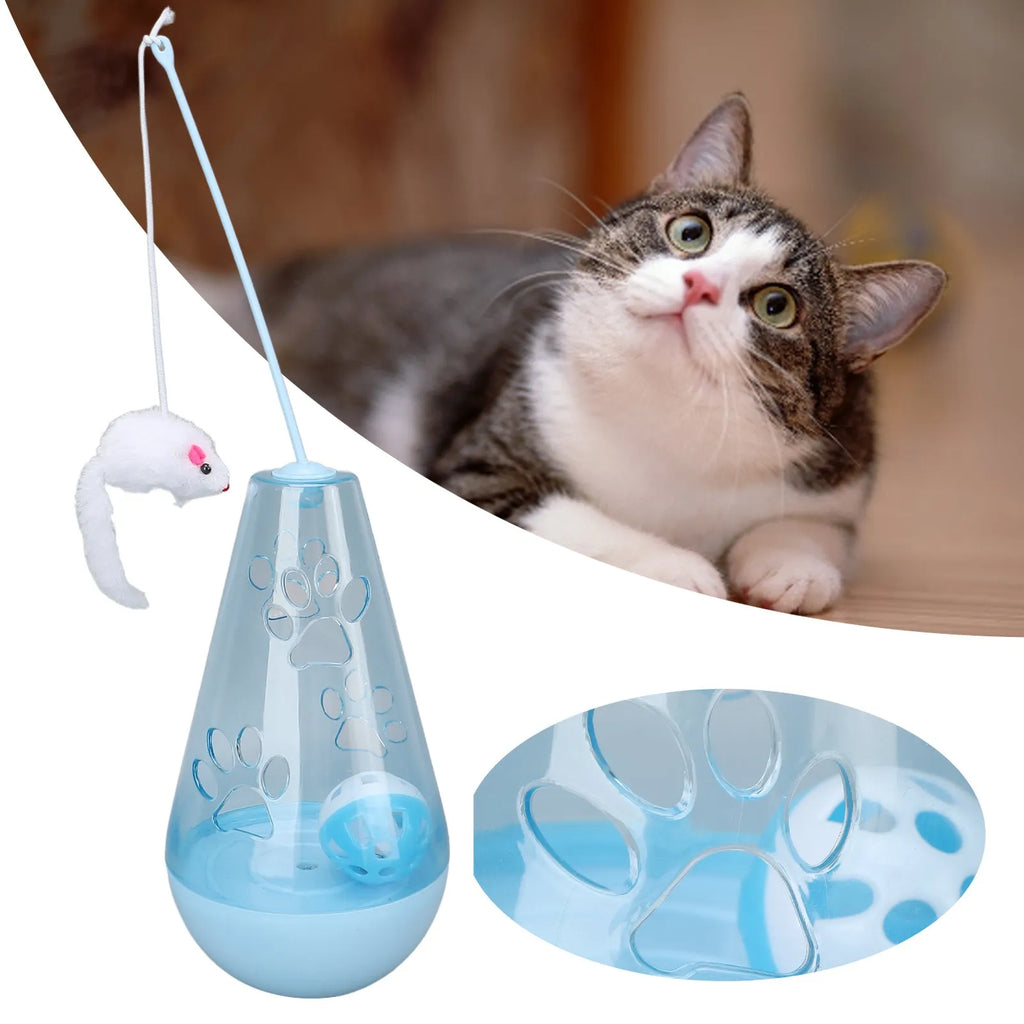 Blue and yellow cat toy with bell ball, slow feeder, and plush mouse stick for indoor cats