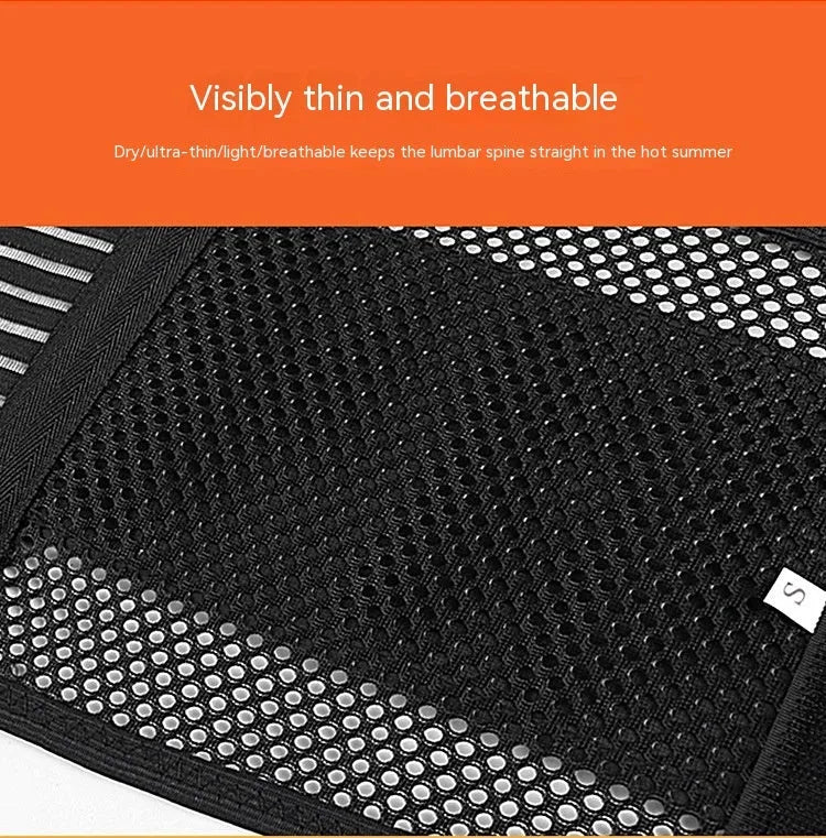 Black breathable sports waist support belt with an internal steel plate for lumbar protection during fitness activities.
