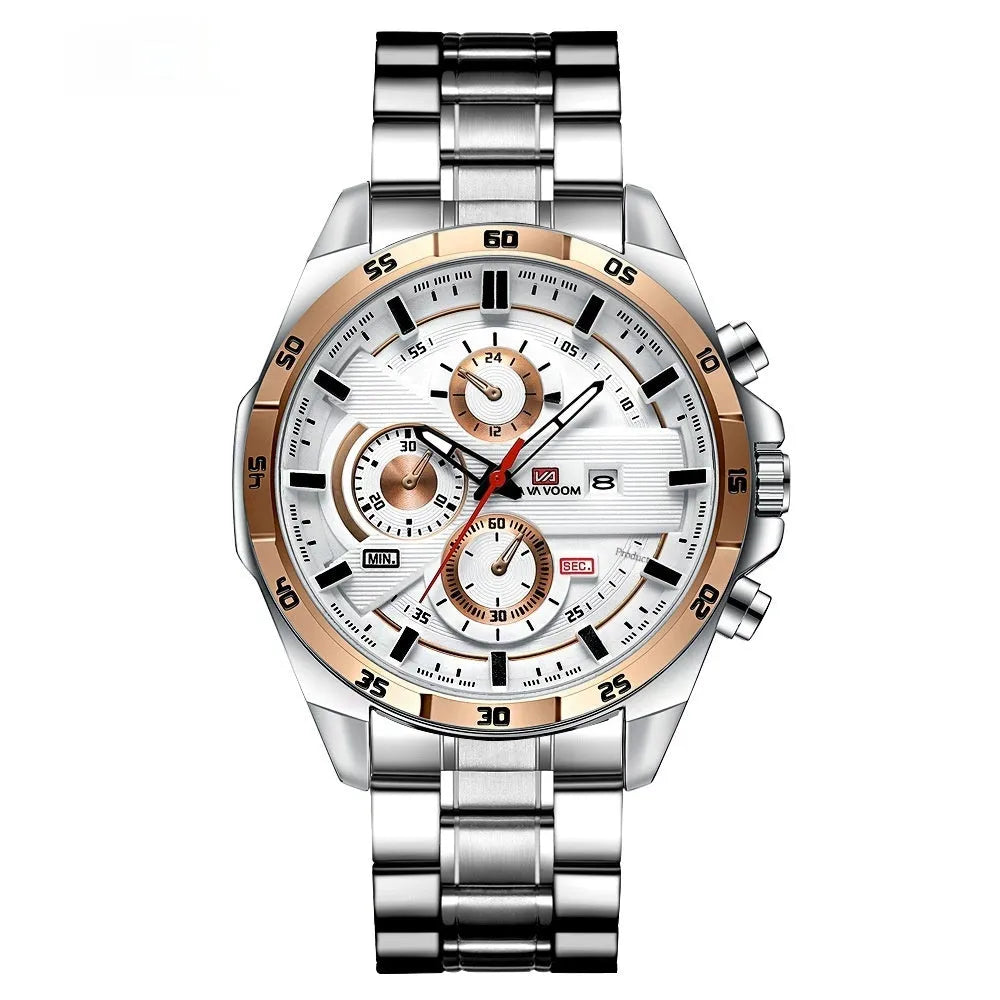 Men's casual wristwatch showing day-date window at 3 o'clock on a black dial with a rose gold case.