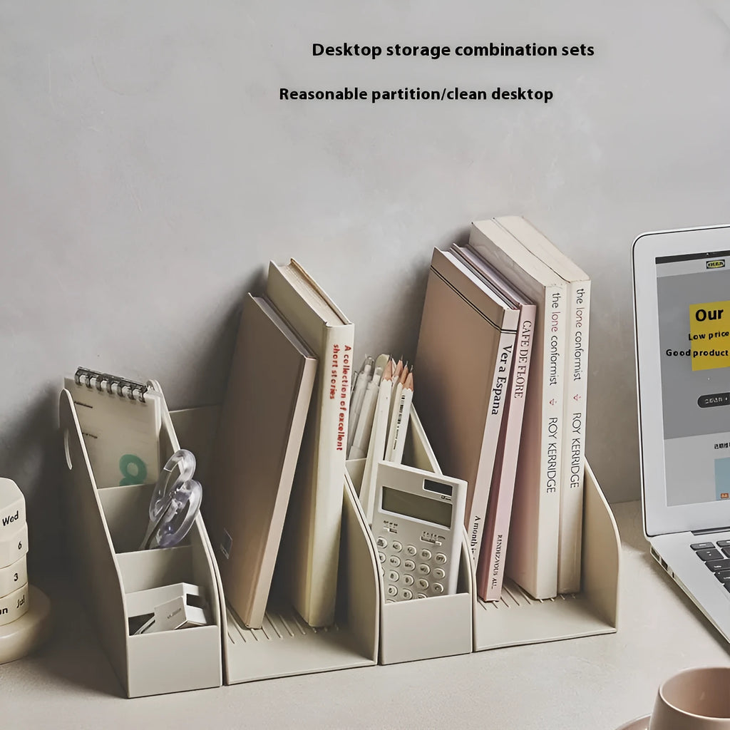 Milk coffee coloured two-tier plastic desktop storage box for stationery and documents