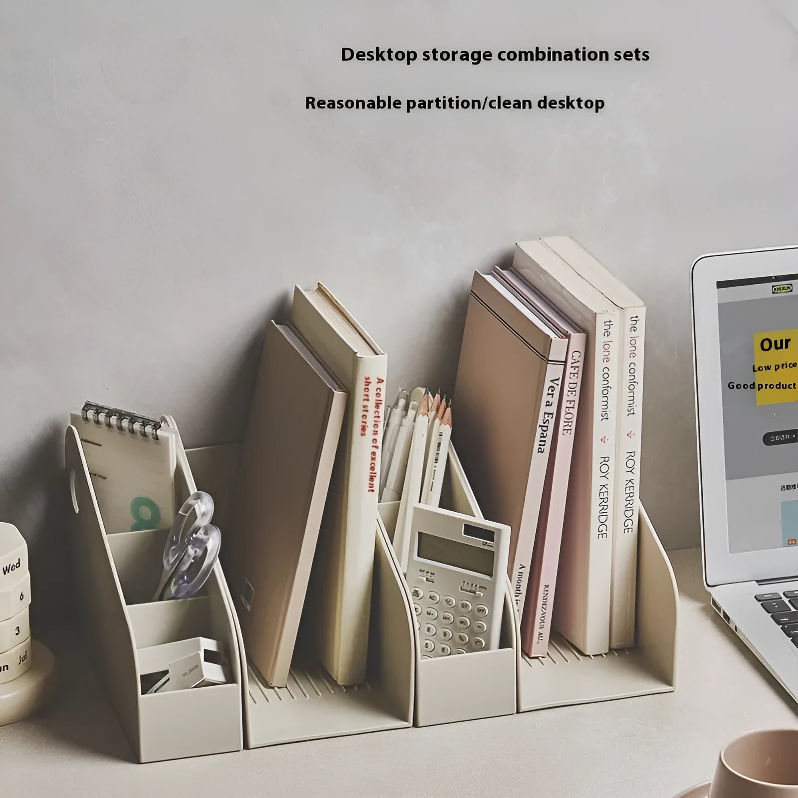 Milk coffee coloured two-tier plastic desktop storage box for stationery and documents