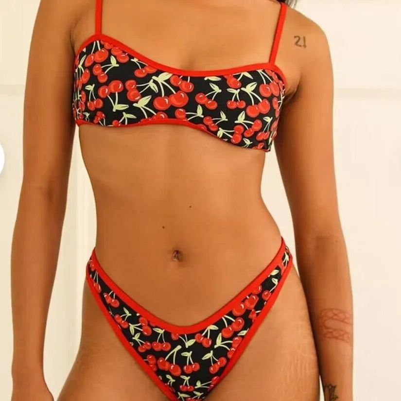 Women's cherry print floral bikini swimsuit with tube top on hanger