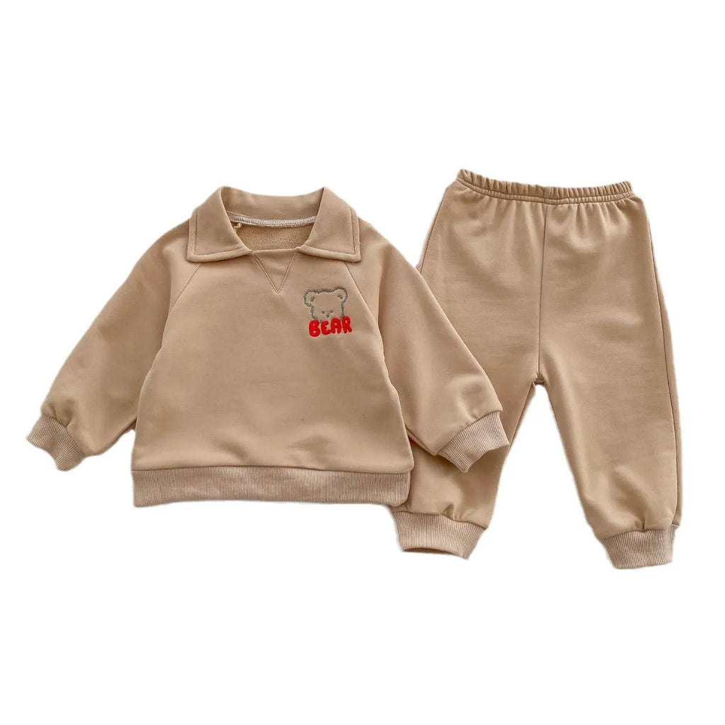 Baby bear lapel sweater two-piece set in sapphire blue or khaki beige, cotton shirt and pants outfit, sizes 66cm to 100cm