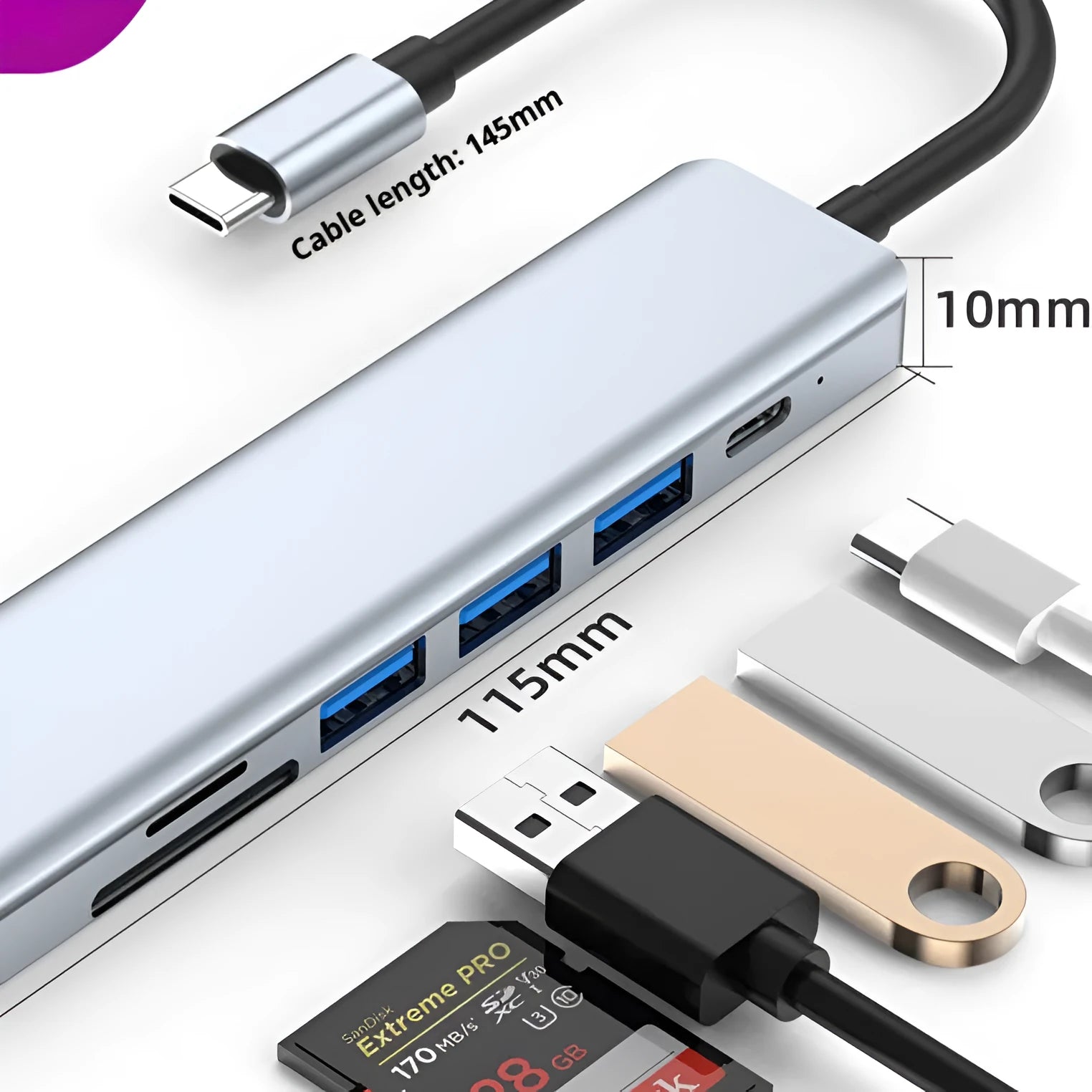 USB type-c expander docking station with seven ports including HDMI and USB 3.0 on 14.5cm cable