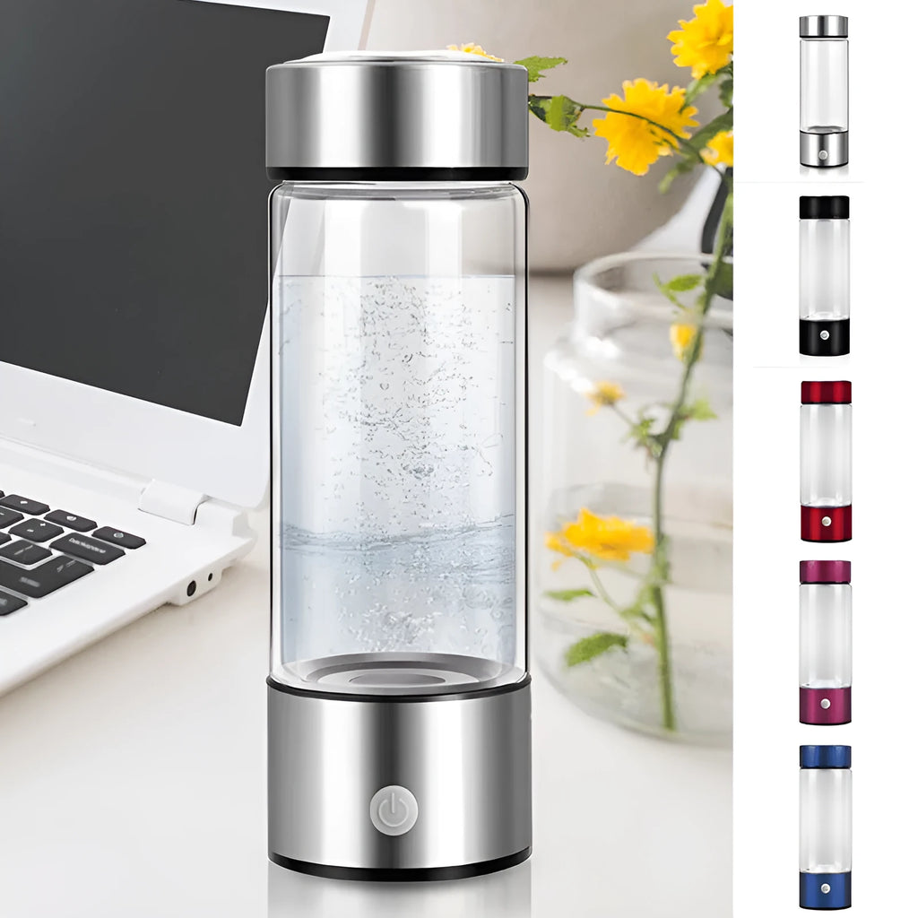 Rechargeable hydrogen water bottle generator in black with borosilicate glass and 401-500ml capacity