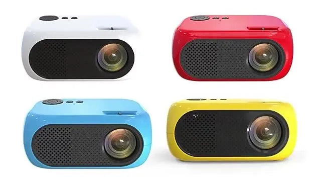M24 portable micro mini LED projector in gold or white colour on a grey background