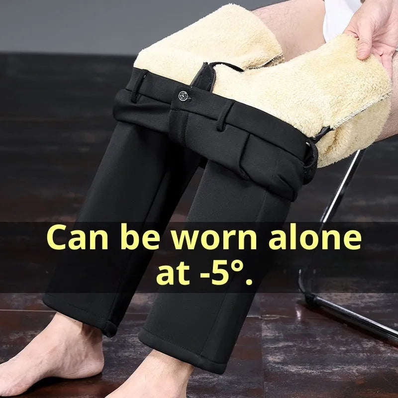 Thermal casual pants for elderly men in lamb wool black with rope closure and elastic waistband