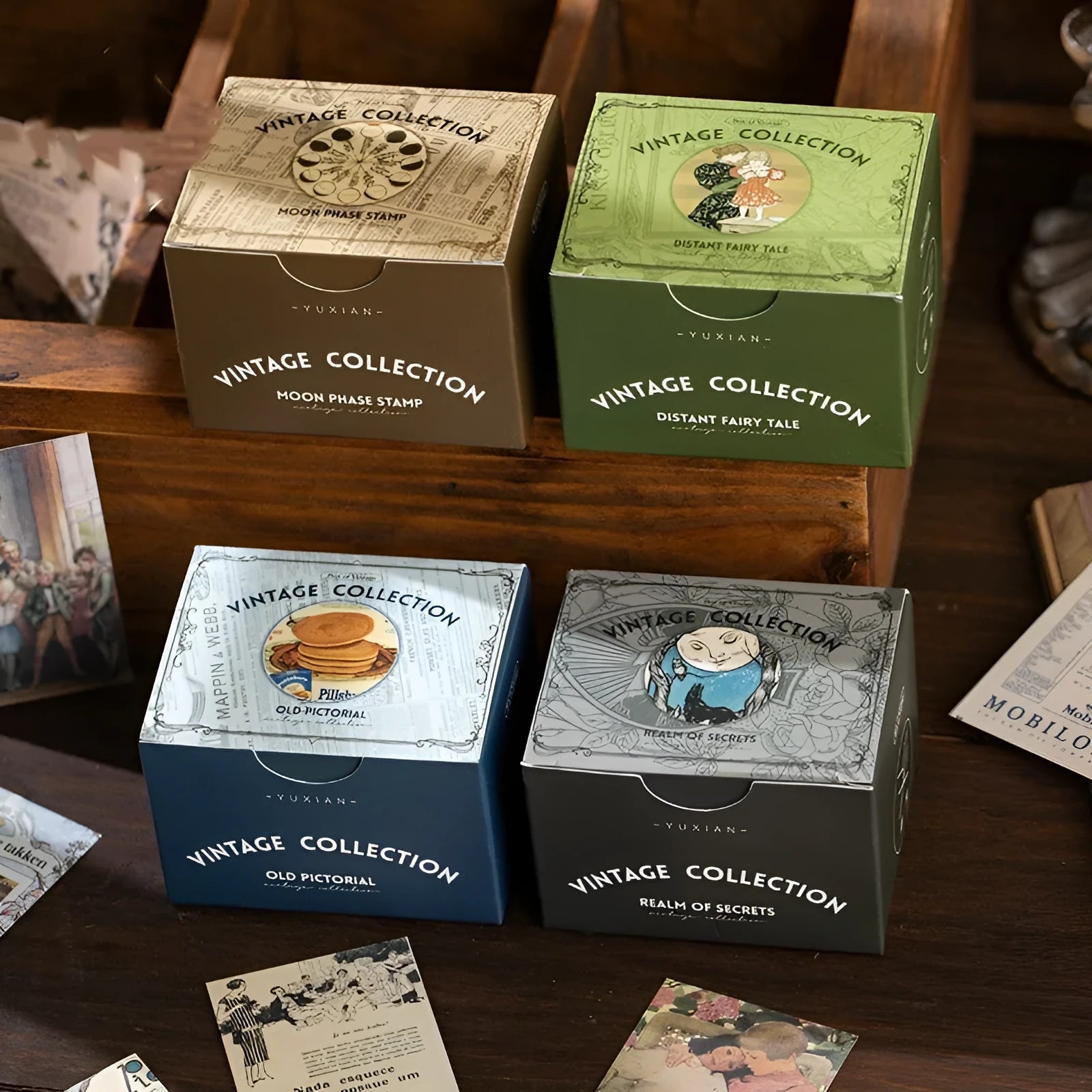 320 retro note stickers in vintage designs measuring 4cm by 6cm with double gummed paper backing