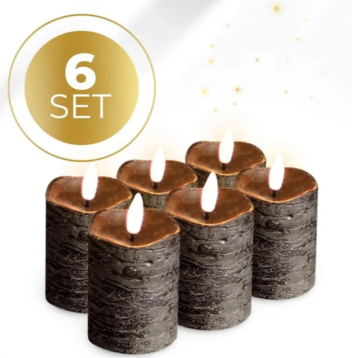 Black S6 LED pillar candle showing flameless light and dimensions of 5cm by 7cm.