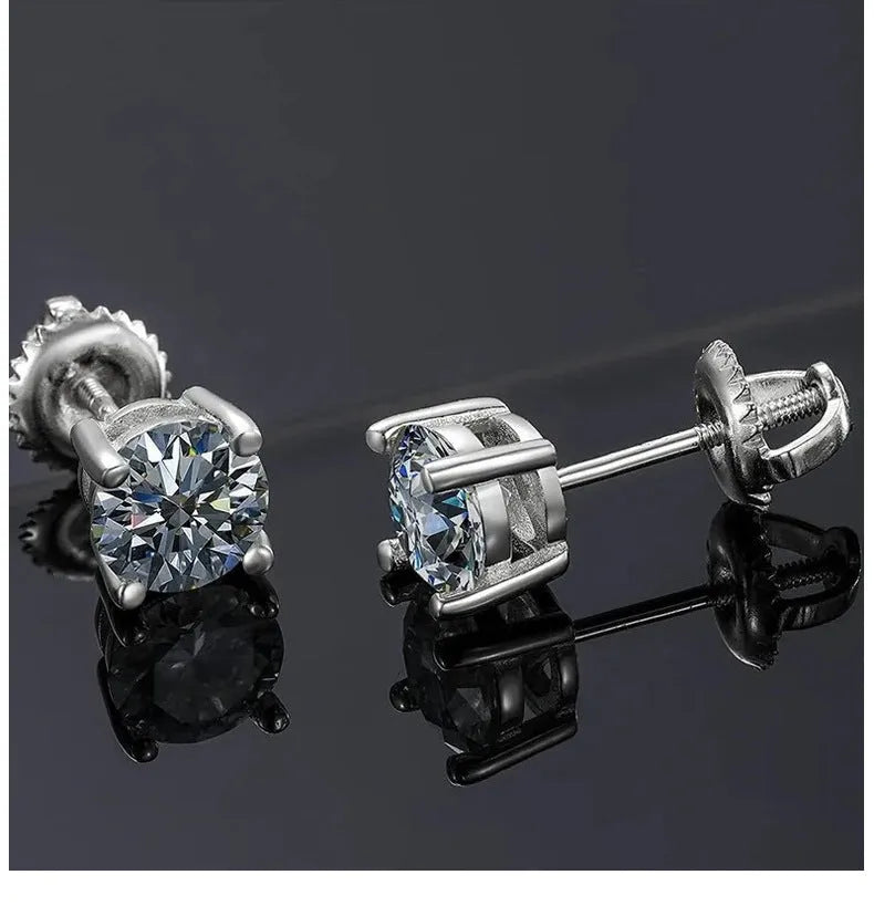 Sterling silver screw back moissanite stud earrings with geometric four claw setting