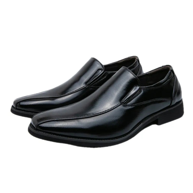 Men's black patent leather style pointed toe casual shoes with flat rubber sole