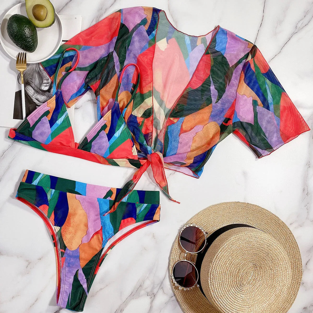 Red women's split swimsuit with European/American pattern design for swimming and surfing
