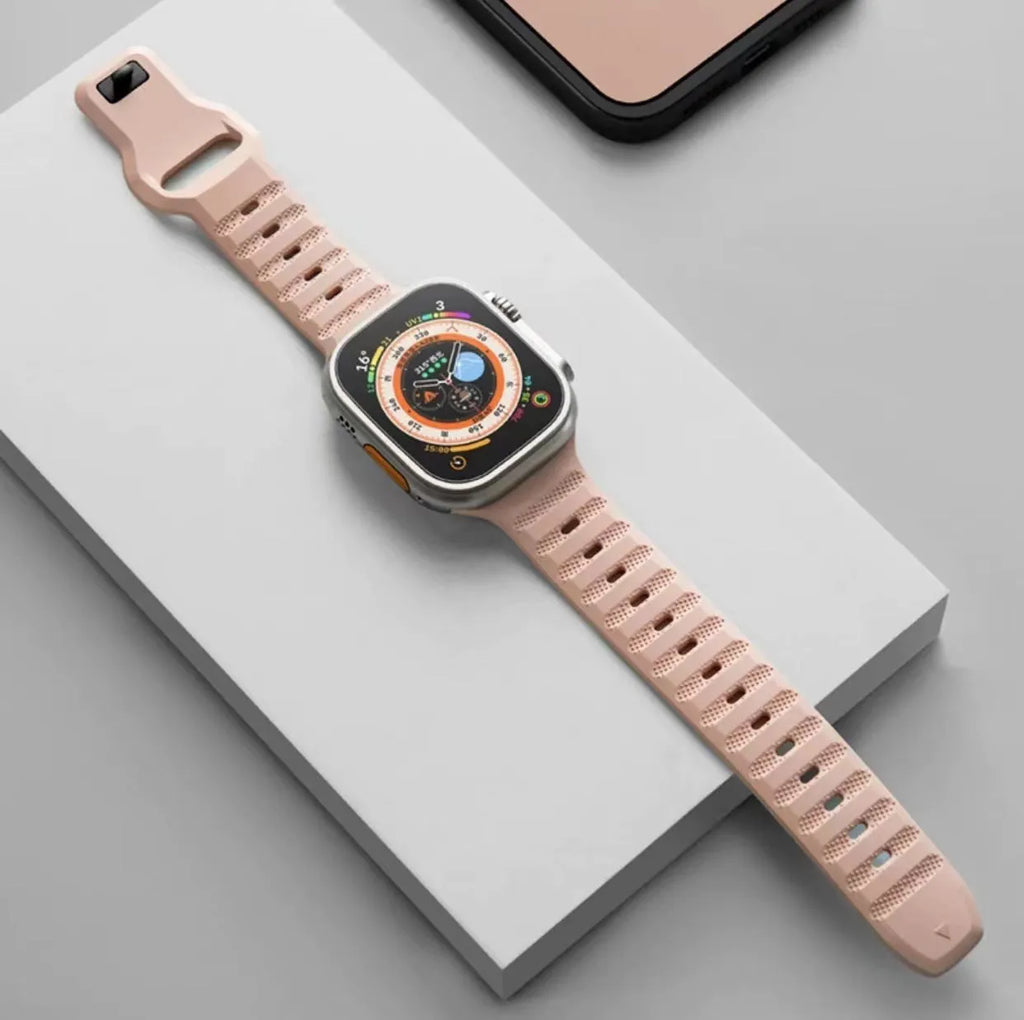 Fluoro rubber watch strap for Apple Watch in multiple colours, showing T-buckle closure.