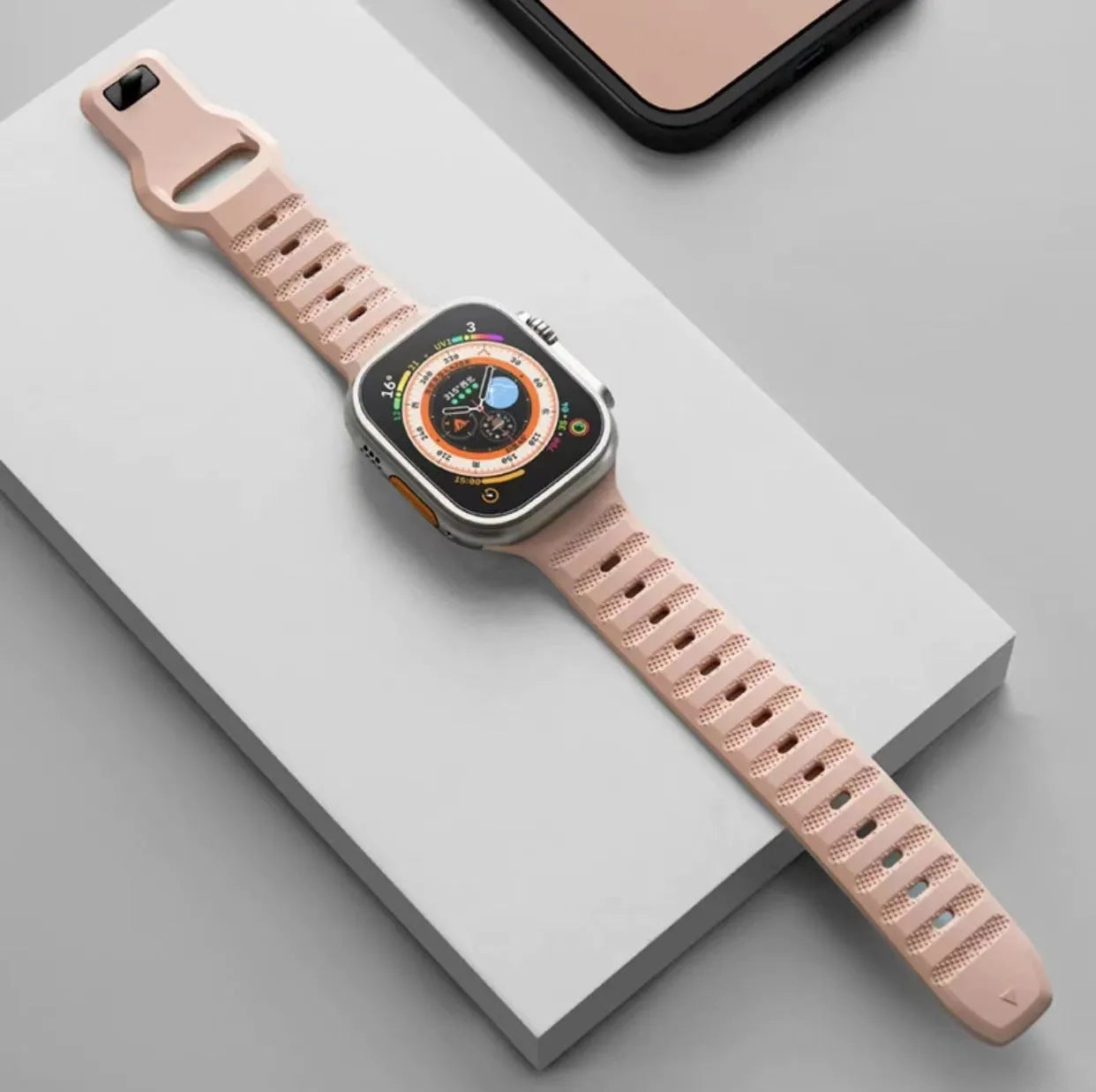 Fluoro rubber watch strap for Apple Watch in multiple colours, showing T-buckle closure.