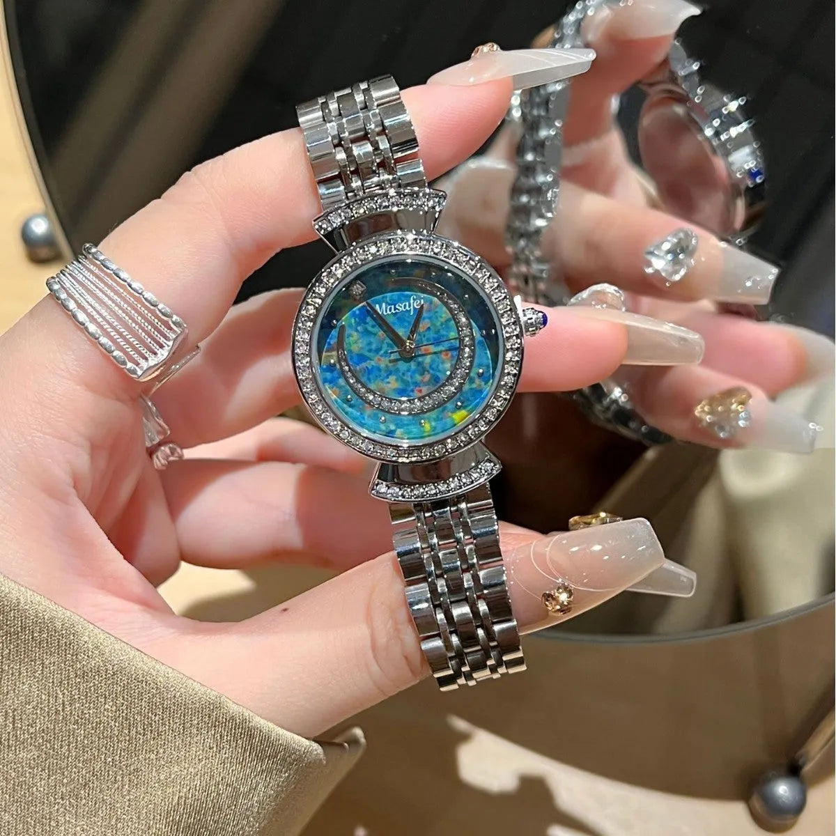 Starry Sky Fritillary Marble women's watch with 32mm dial, metal case, and steel strap