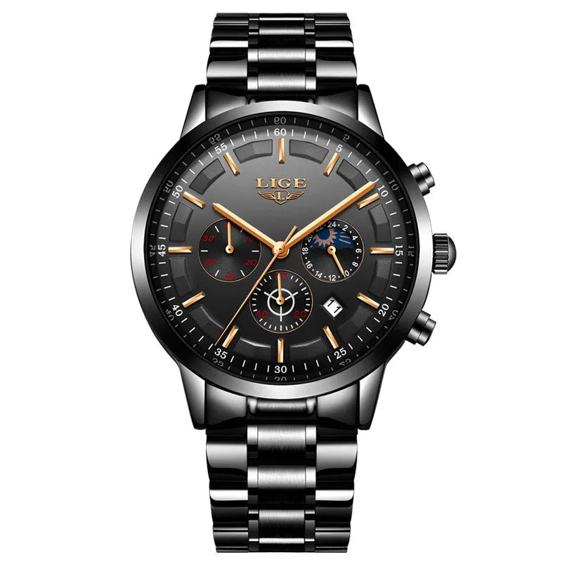 Men's black and rose red gold sports quartz watch with moon phase display on wrist.