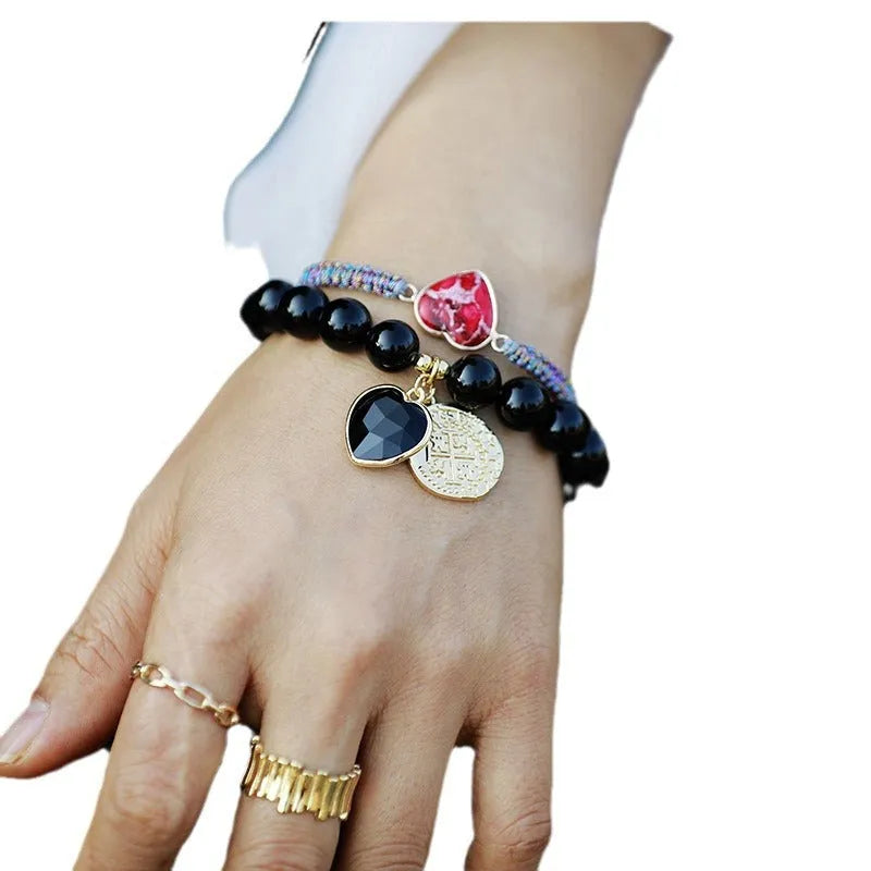 Natural stone amethyst stretch handmade beaded bracelet with heart-shaped amethyst and black agate beads 10mm size