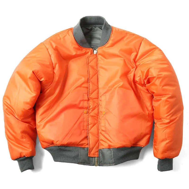 Men's army green cotton-padded pilot jacket with double-sided nylon construction on a hanger.