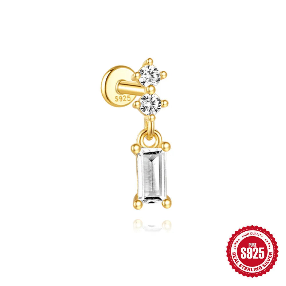 Geometric water drop shaped S925 sterling silver earrings with a flat spiral puncture back, in a gold electroplated finish.