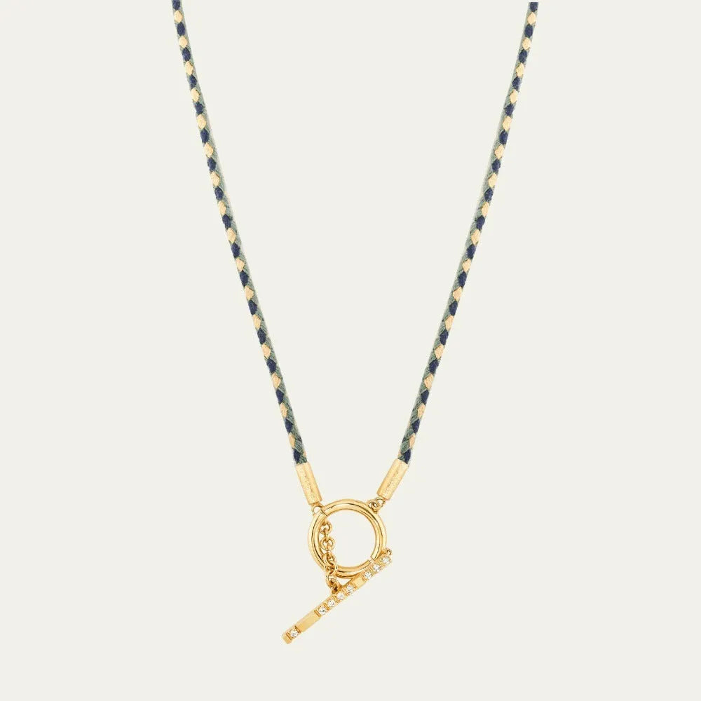 Gold plated copper twin necklace with braid rope chain and emerald-coloured geometric ellipse pendant for women