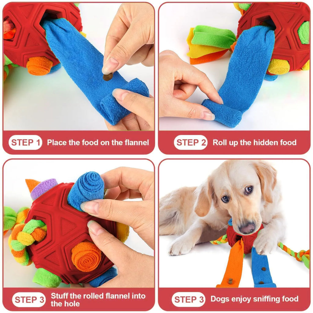 Pet sniffing ball dog puzzle toy in multiple colours including blue, green, orange, pink, purple, red, yellow and red-green