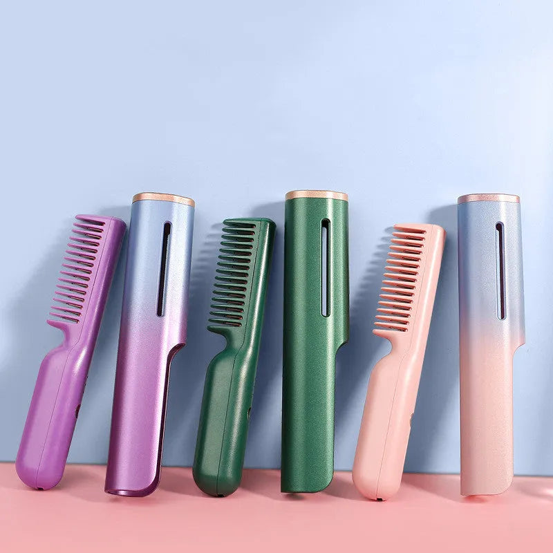 Wireless charging USB negative ion hair straightening comb with tourmaline ceramic heat conductor, 3D gradient green colour