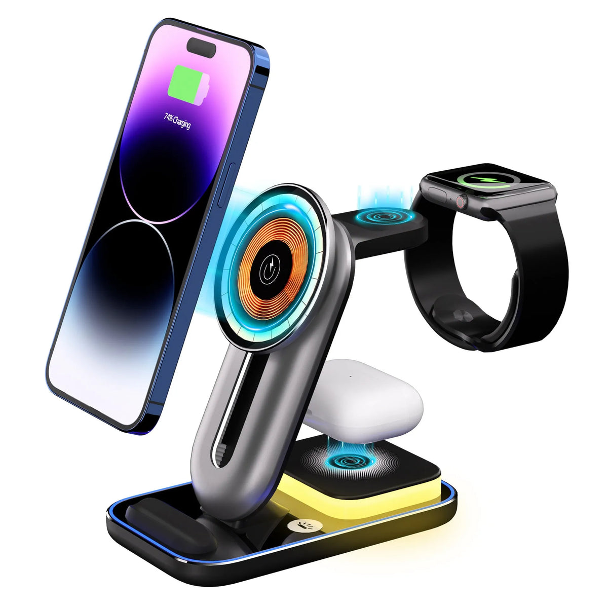 Three-in-one magnetic wireless charger, foldable fast charge unit in black or grey
