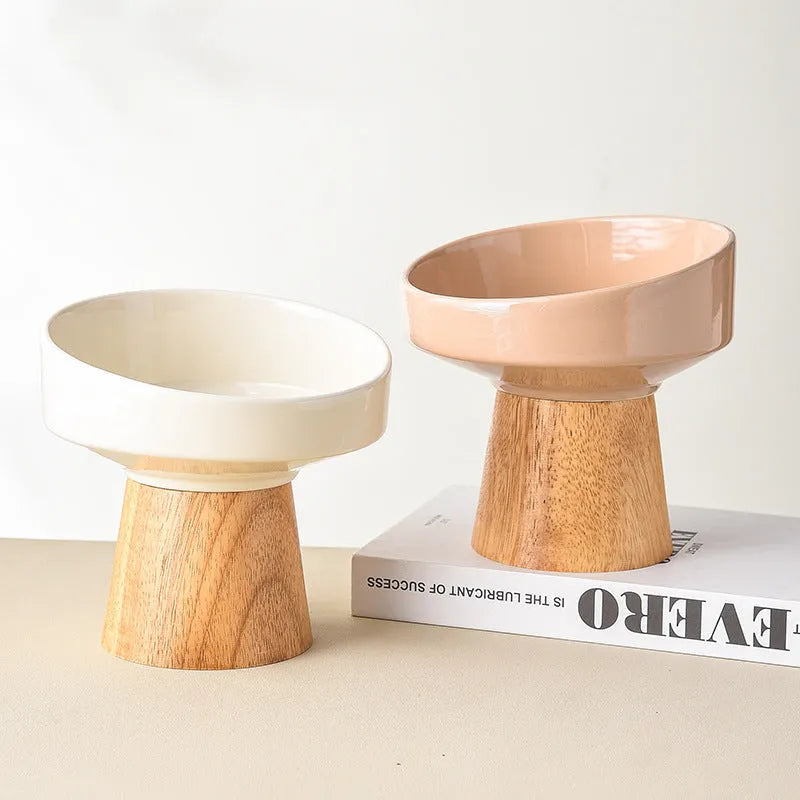 Ceramic pet bowl for cats and small dogs in beige, green, khaki, or yellow, elevated design
