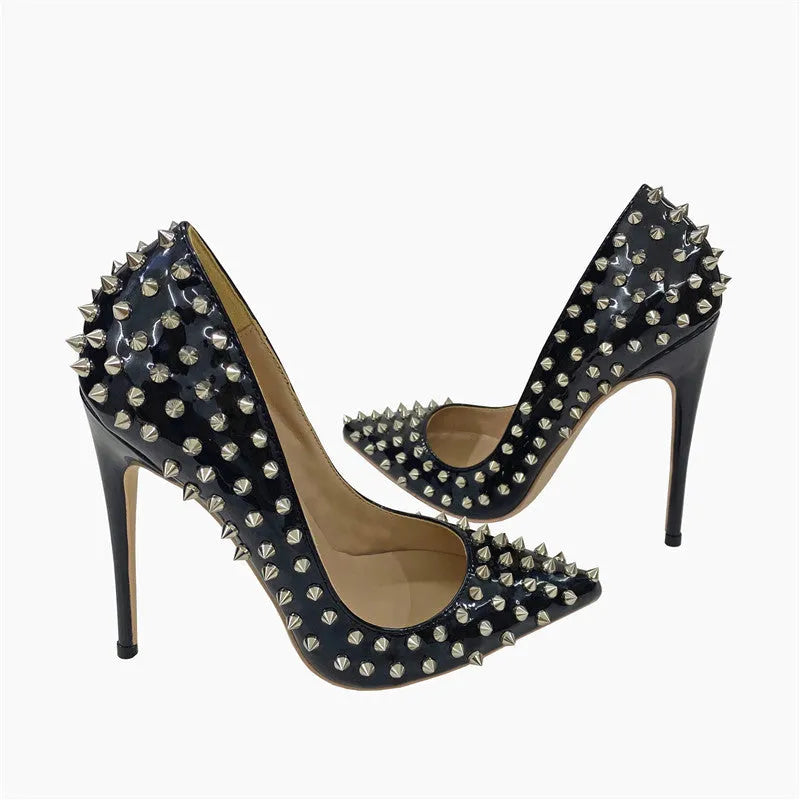 Women's black rivet high heels pointed stiletto low-cut PU shoes with 12CM super high heel and shallow mouth design