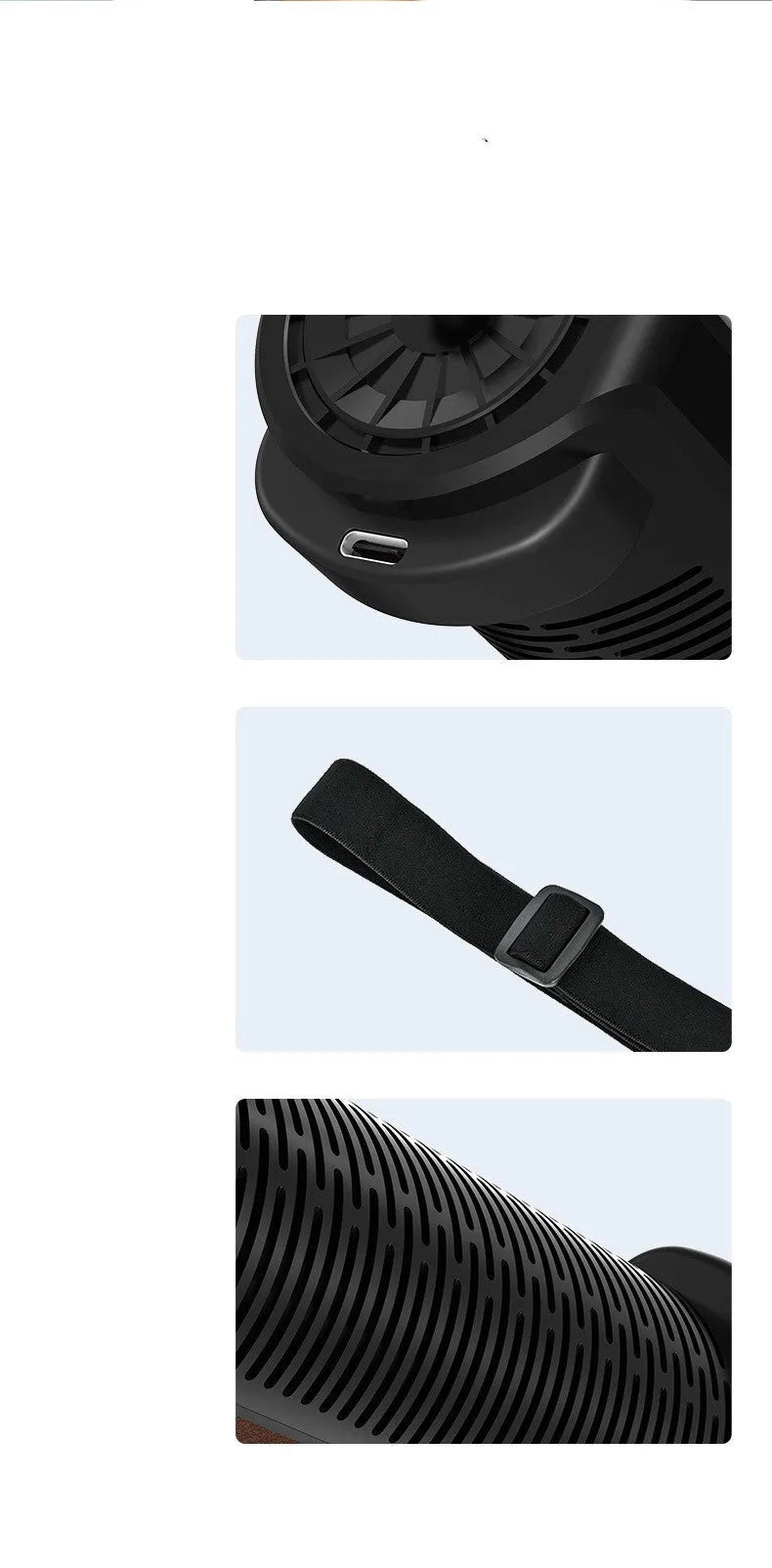 Bladeless car mounted fan with USB cable and three control buttons in black finish