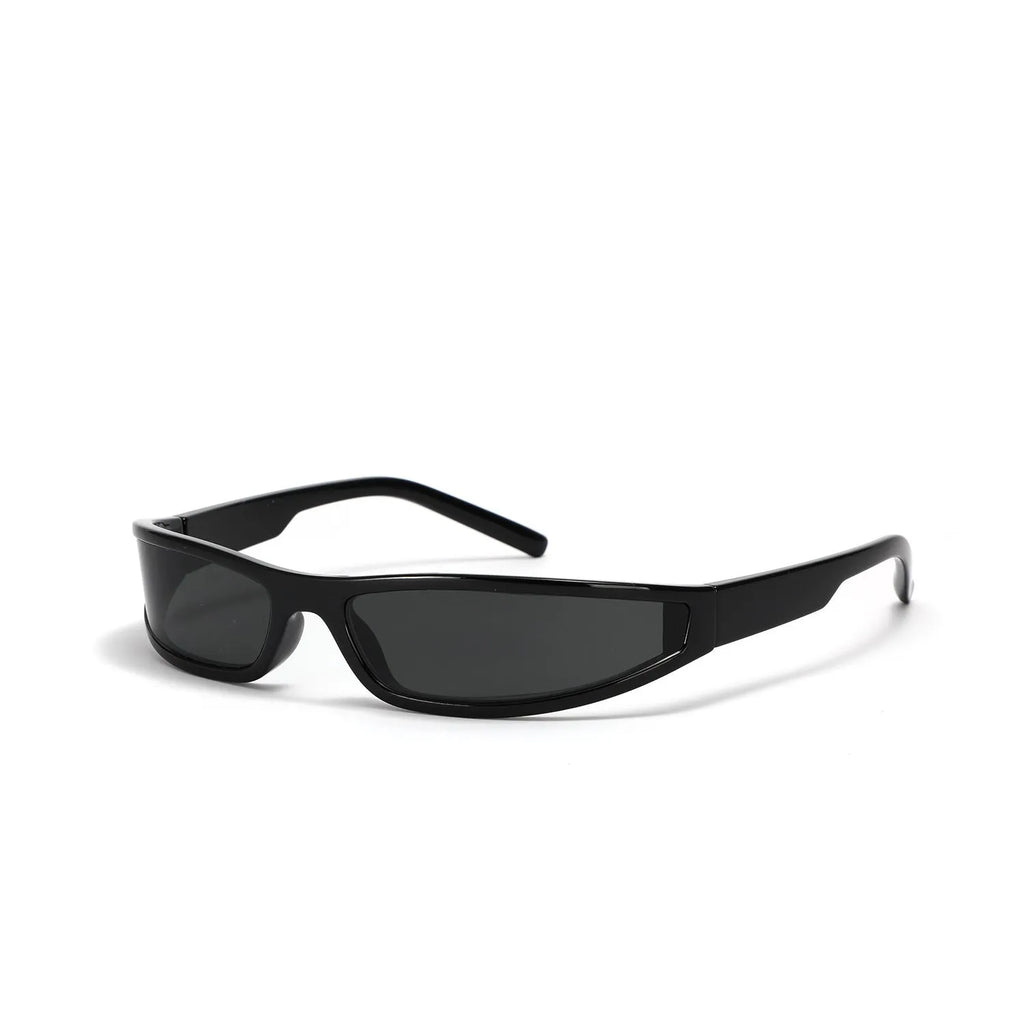 Narrow frame future style sunglasses for women in bright black and gray colour option