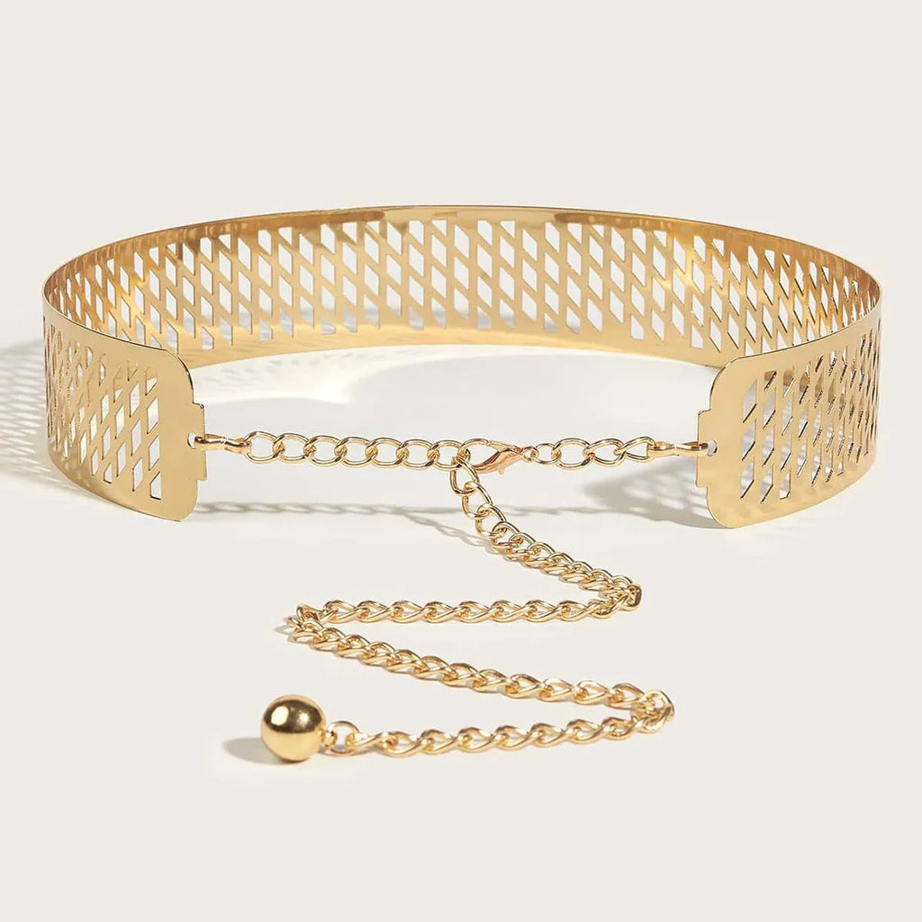 Gold chunky metal waist belt with lantern-head design, 4.5cm wide and 105cm long with hook buckle.
