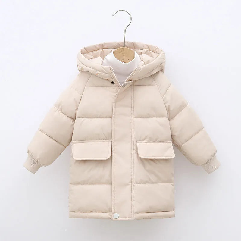 Children's mid-length hooded thickened jacket in polyester fibre with zipper, available in multiple colours