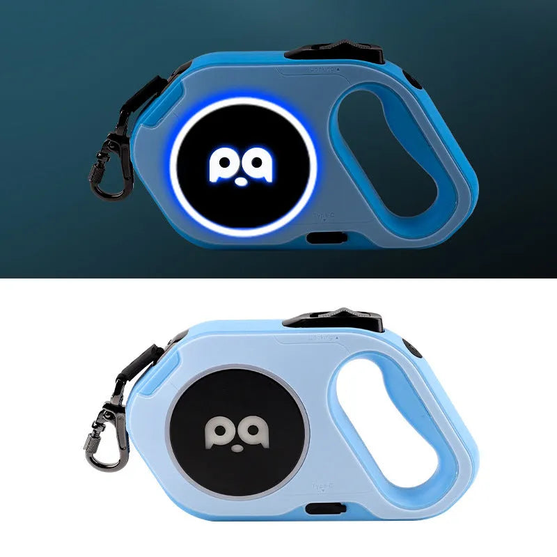 New LED light retractable dog leash with USB rechargeable light in black and white on outdoor background