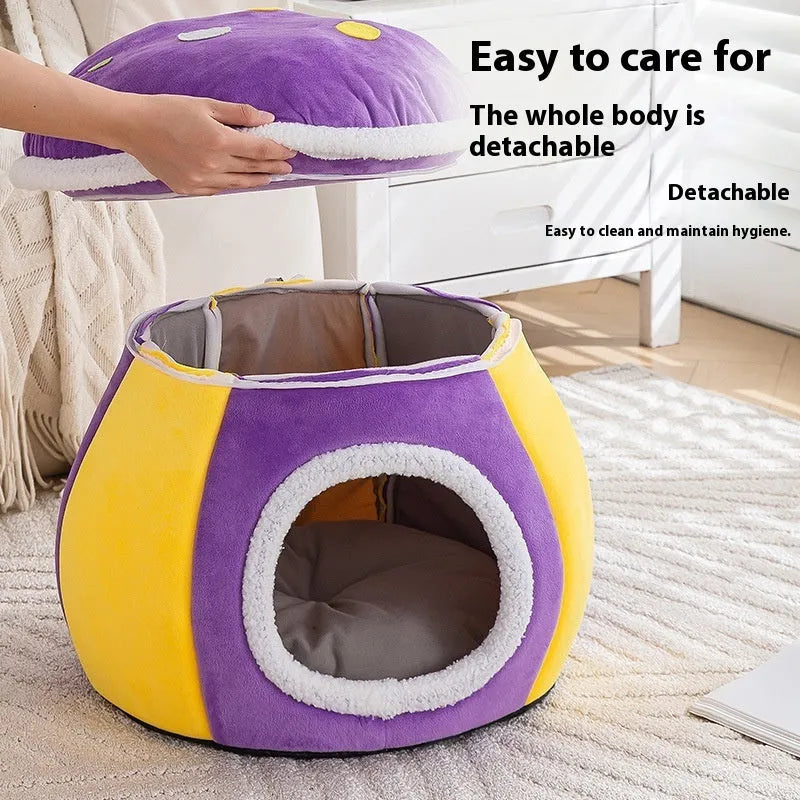 Grey mushroom-shaped plush cat bed with high walls and a soft interior, shown with a detachable matching blanket.