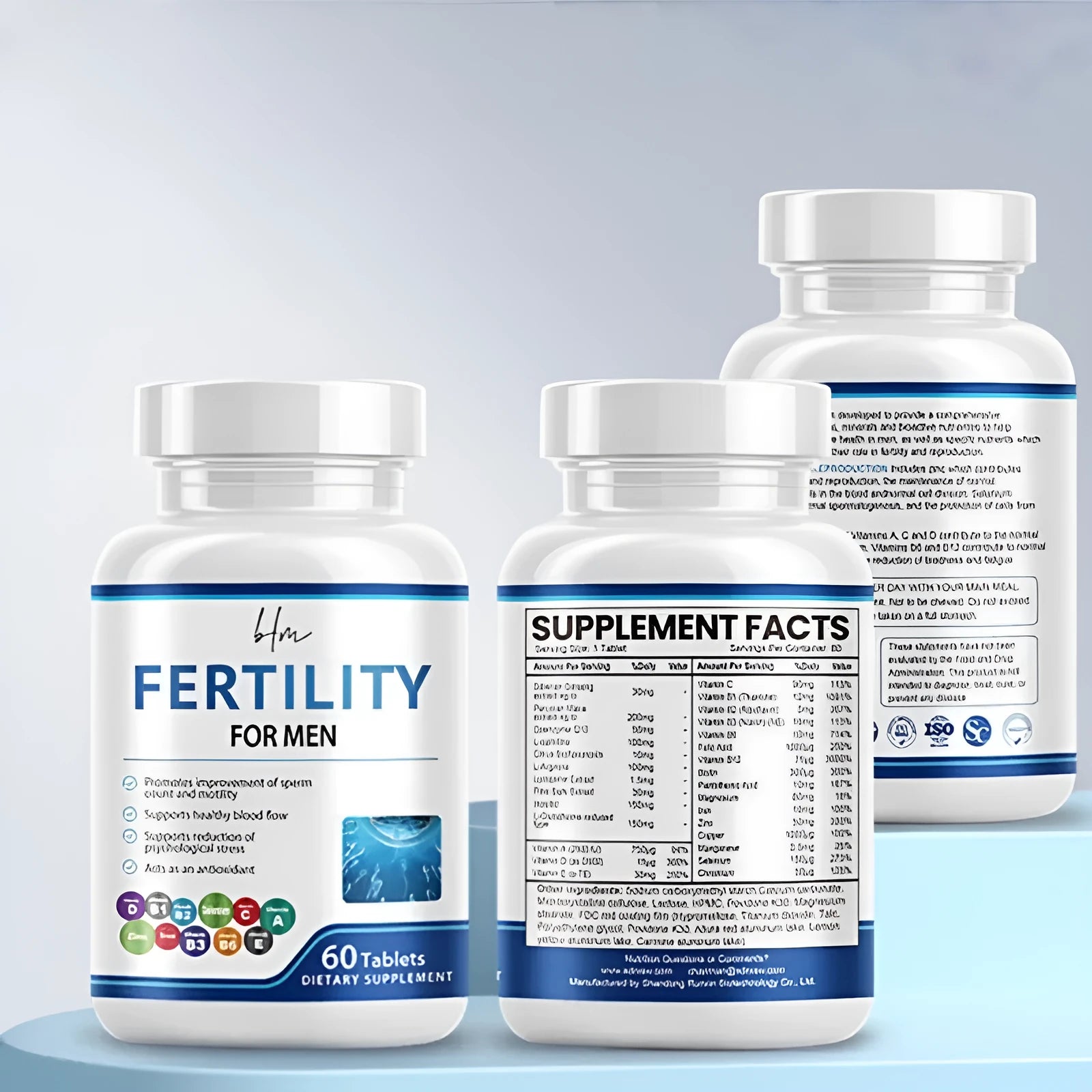 Sealed bottle of 60 male fertility supplement tablets with COMLEX vitamin mineral amino acids label
