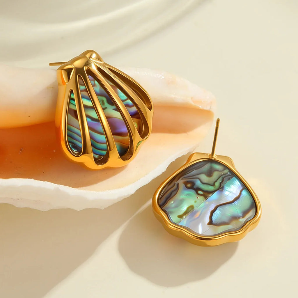 18K gold plated stainless steel scallop shell fan shaped stud earrings and necklace for women