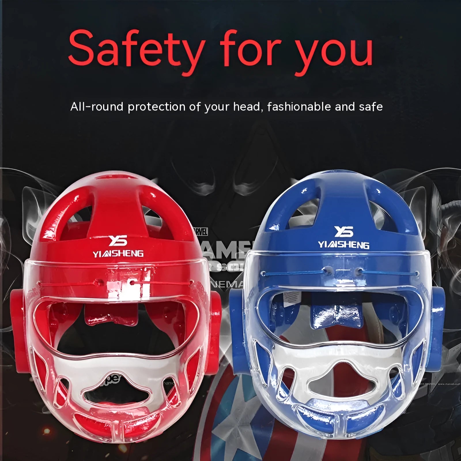 Karate helmet protective head equipment in white, blue, or red colours available in S, M, L, XL sizes