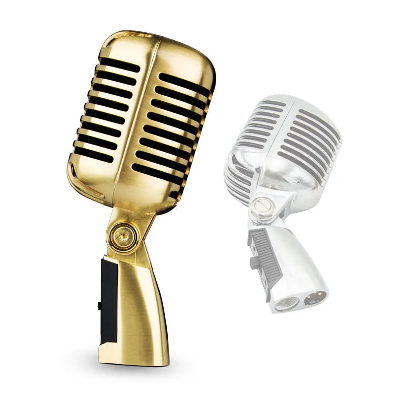 Gold all-metal dynamic handheld microphone on a stand.