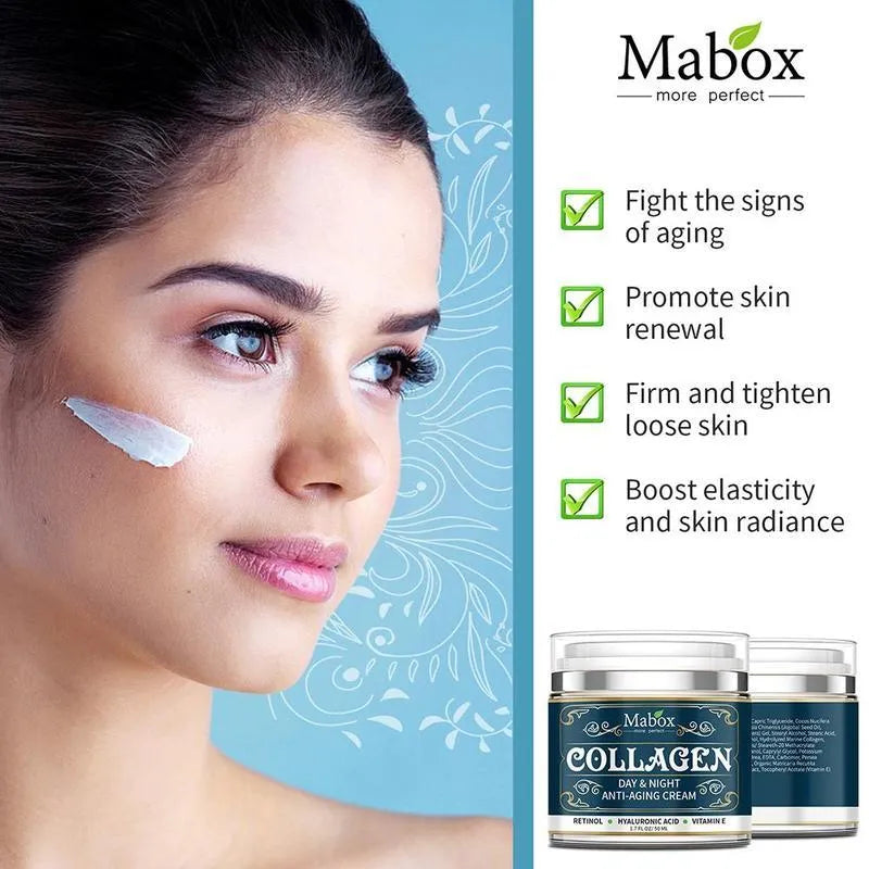 Blue jar of 50g Collagen Moisturizing Facial Cream with SPF10 for day and night use