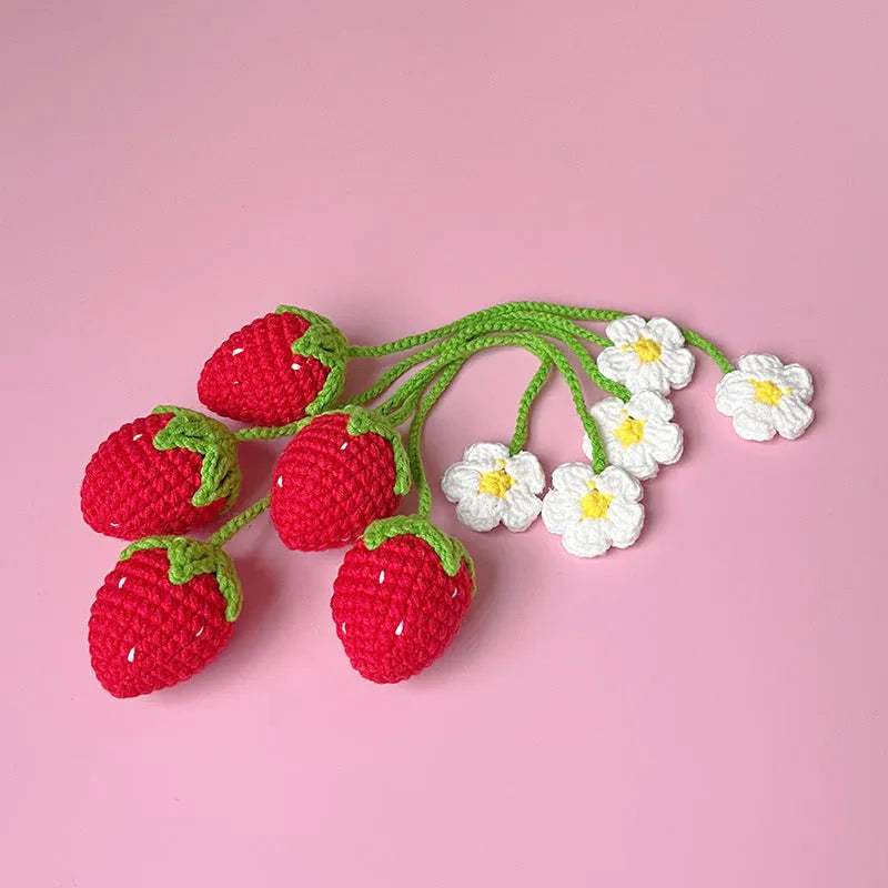 Handmade wool crochet strawberry pendant necklace on a 35cm chain in red colour option.