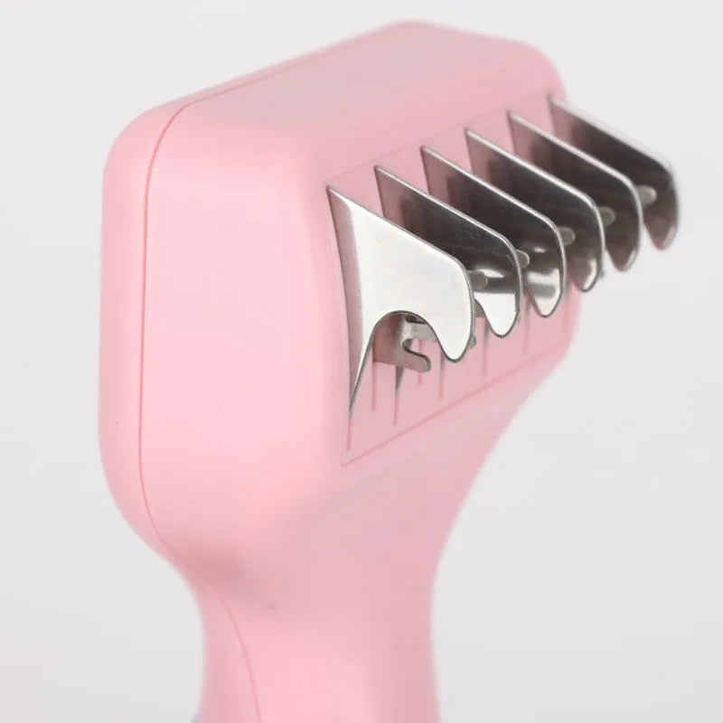 Stainless steel pet grooming comb with de-matting blade and massage bristles in pink or purple