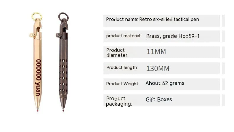 Brass hexagonal bolt action rollerball pen showing six-angle barrel and bolt mechanism