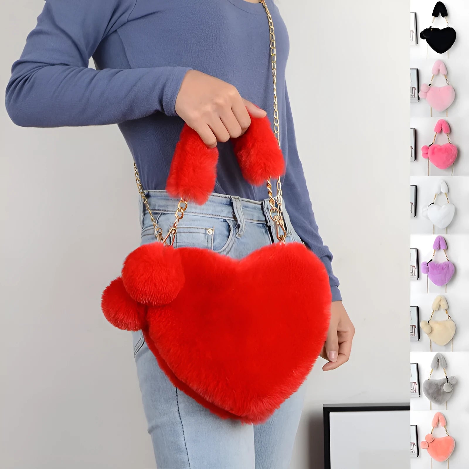 Medium sized heart shaped soft plush handbag for women with zip opening