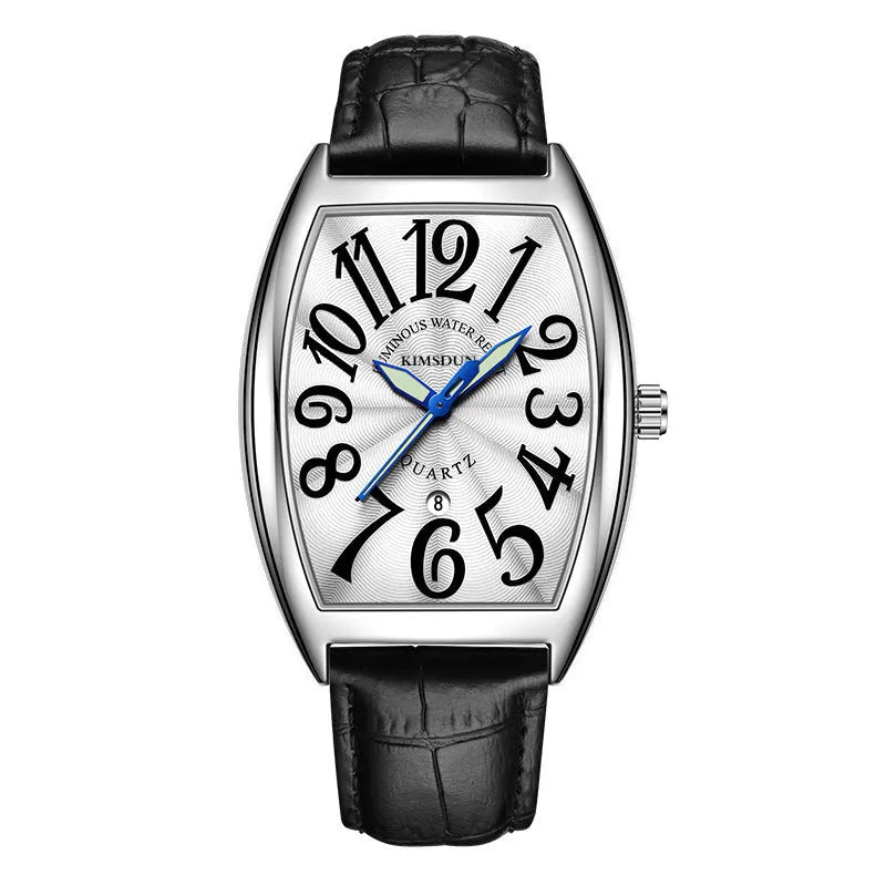Jinshidun men's retro quartz watch with luminous dial, silver case, white face, black markings, and black leather strap