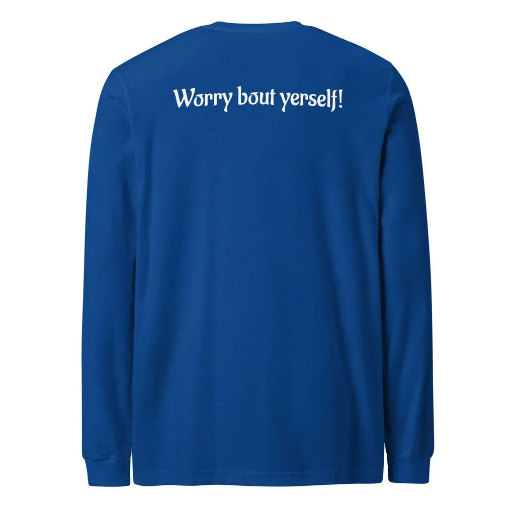 Men's loose blue polyester sweater with printed letter patterns, round neck, casual pullover style