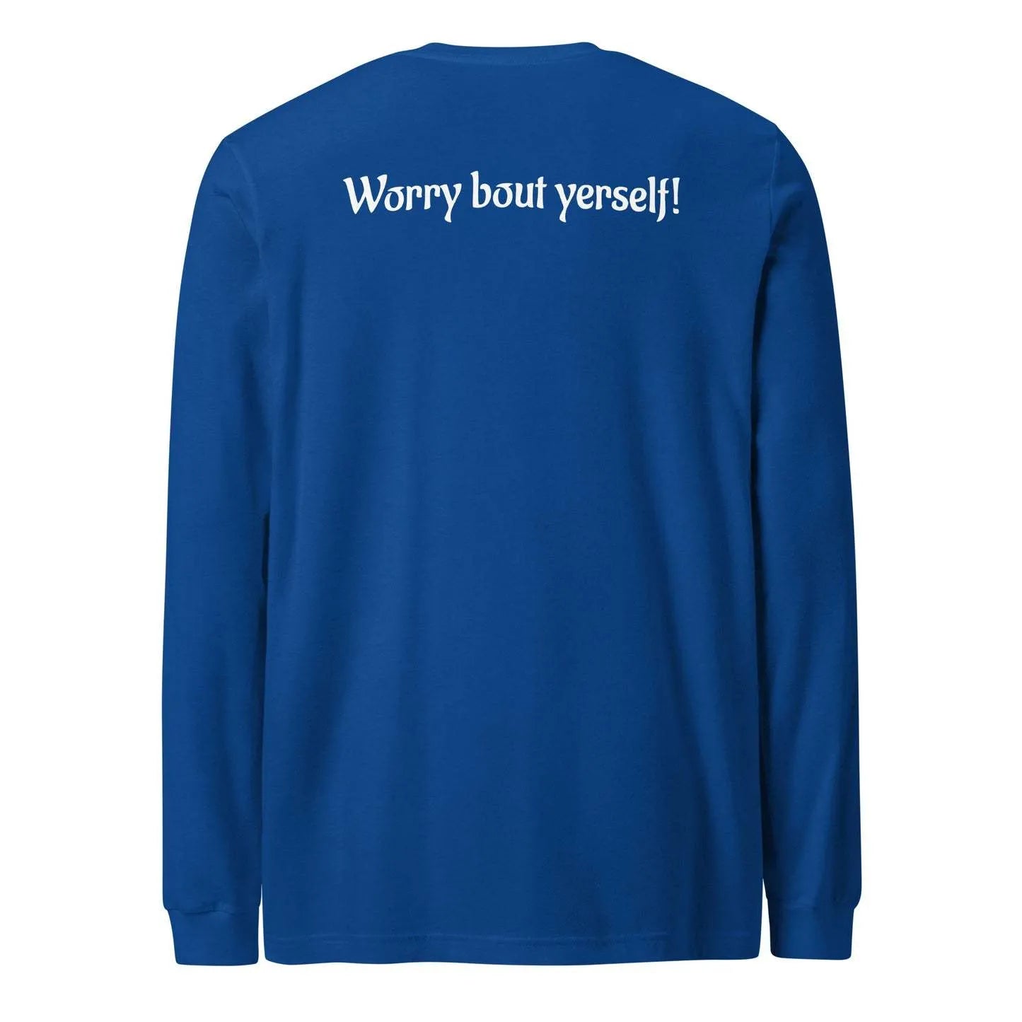 Men's loose blue polyester sweater with printed letter patterns, round neck, casual pullover style