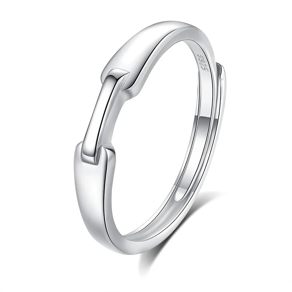 925 silver couple ring with diamond detail and adjustable opening, geometric shape with heart and chain motifs