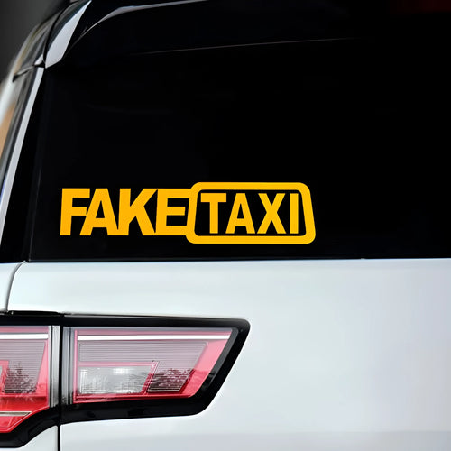 Waterproof black FAKE TAXI car sticker on a vehicle windshield, showing 20x8cm size.